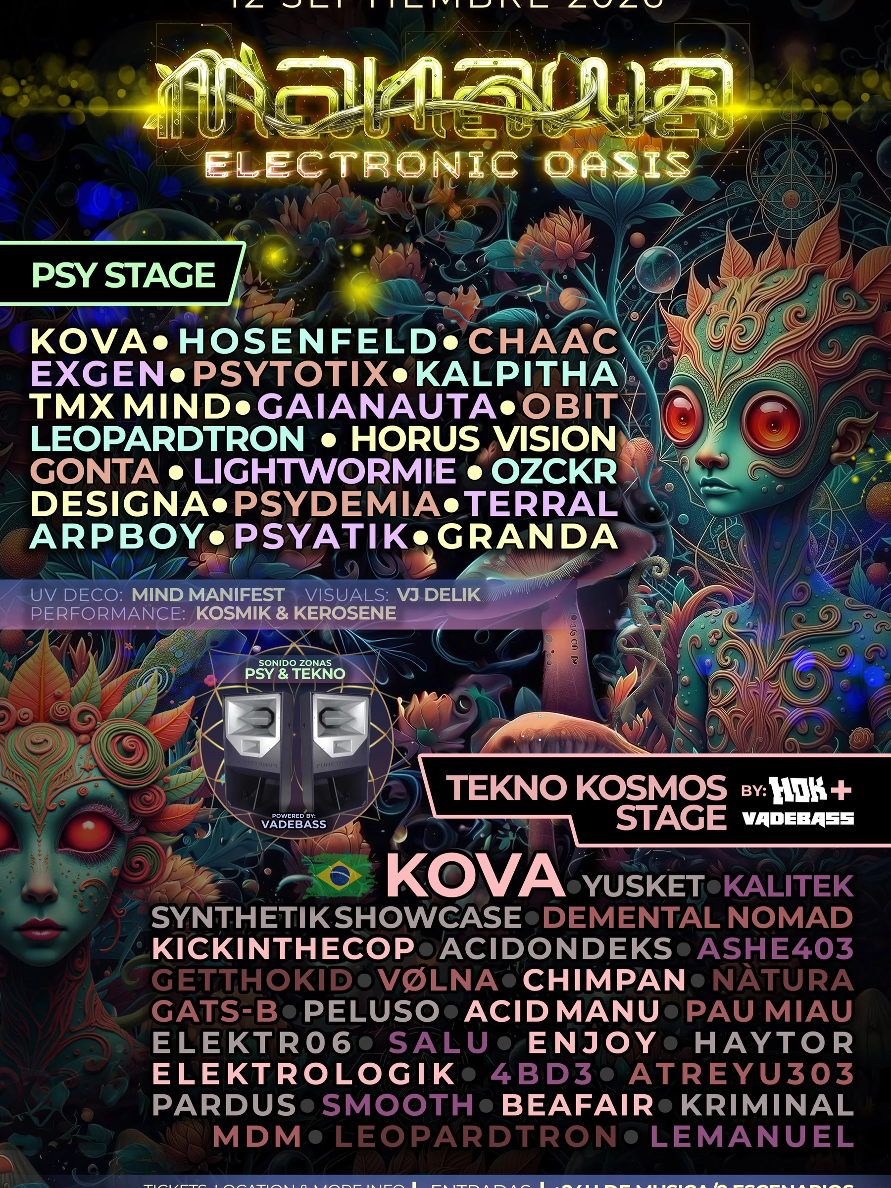 Cartel general de Manawa Electronic 2026 con los artistas de Psy Stage y Tekno Kosmos Stage