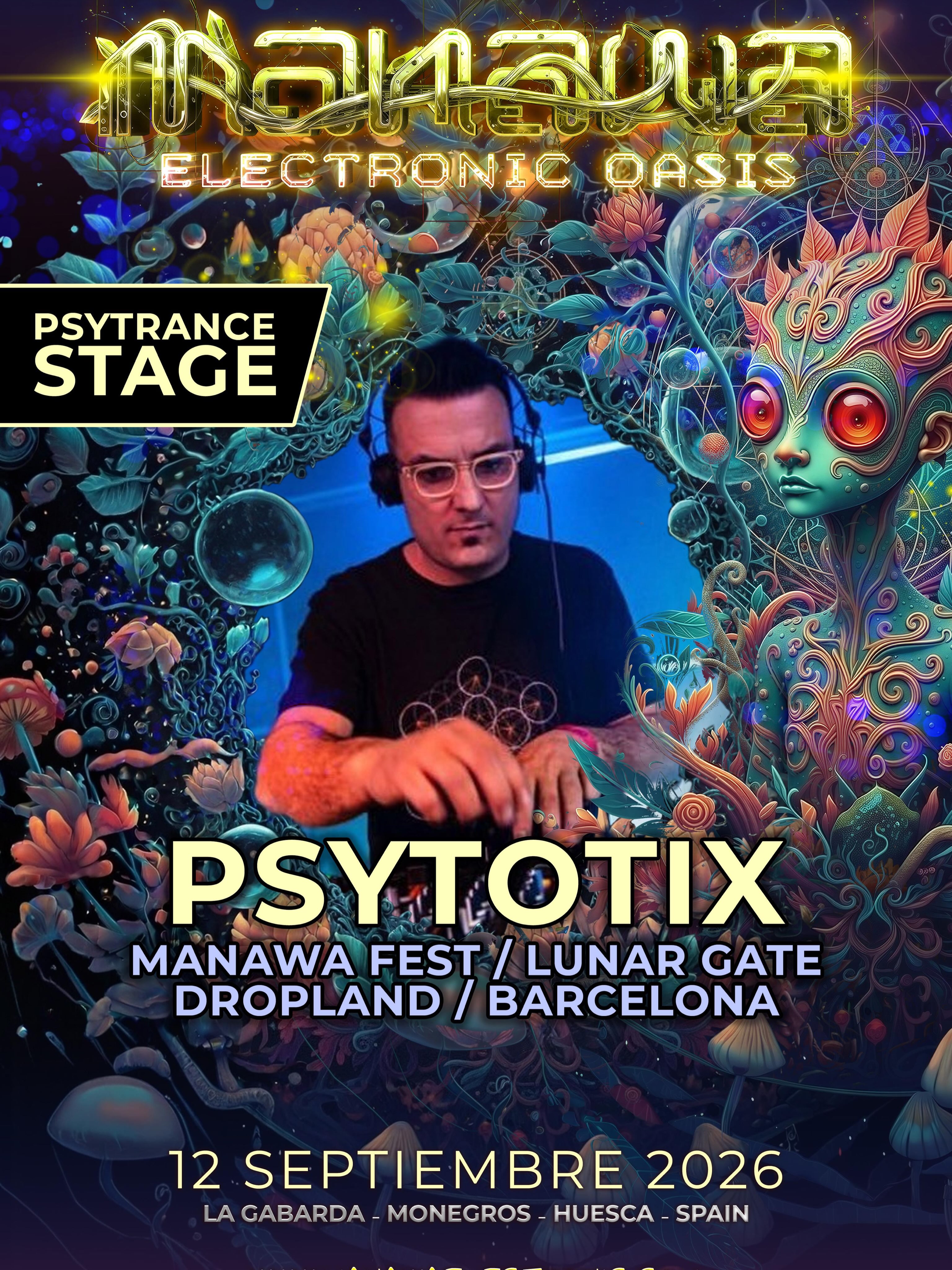 Cartel de PSYTOTIX para Manawa Electronic 2026