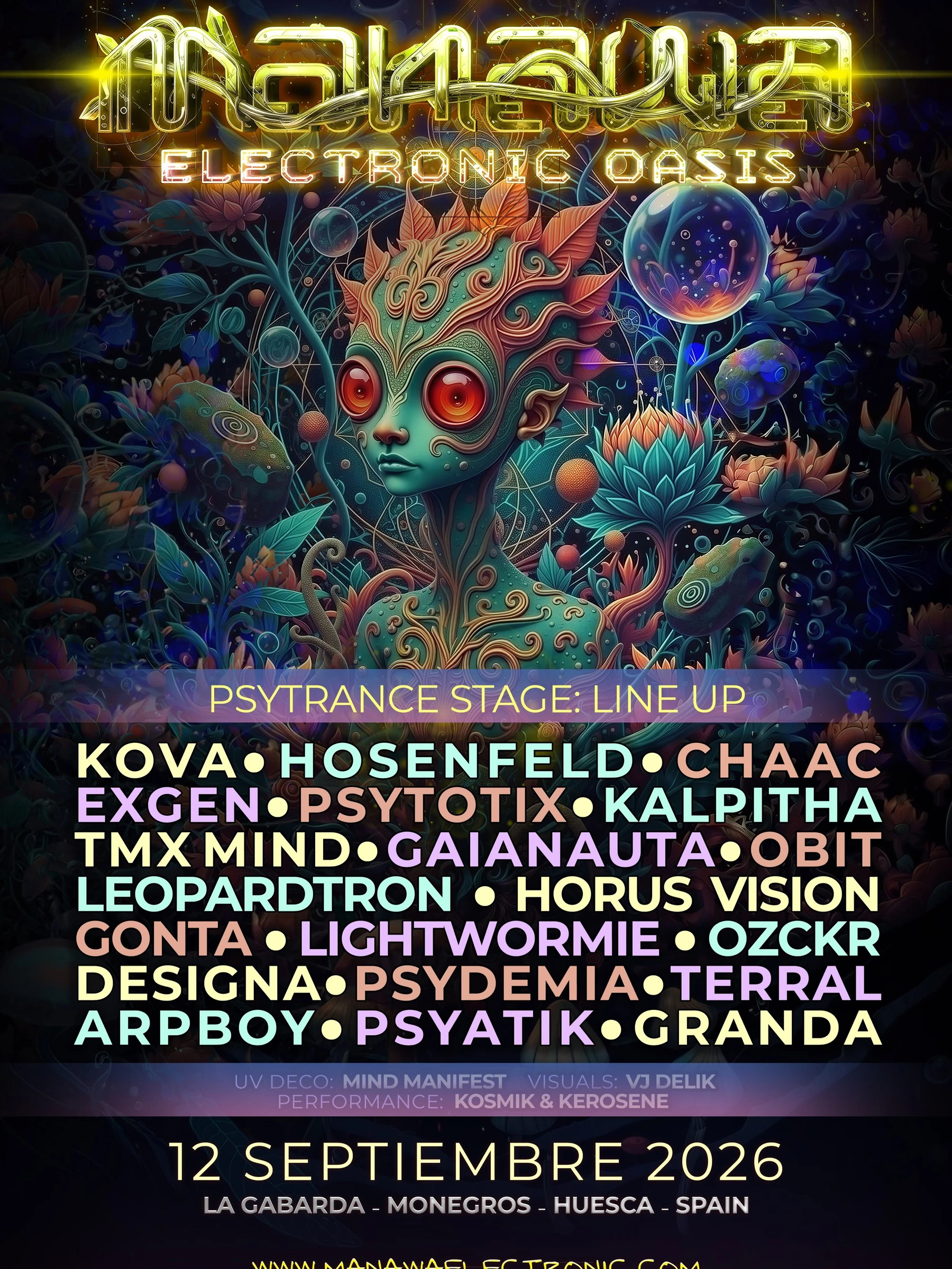 Cartel oficial del line-up de Psytrance Stage de Manawa Electronic 2026
