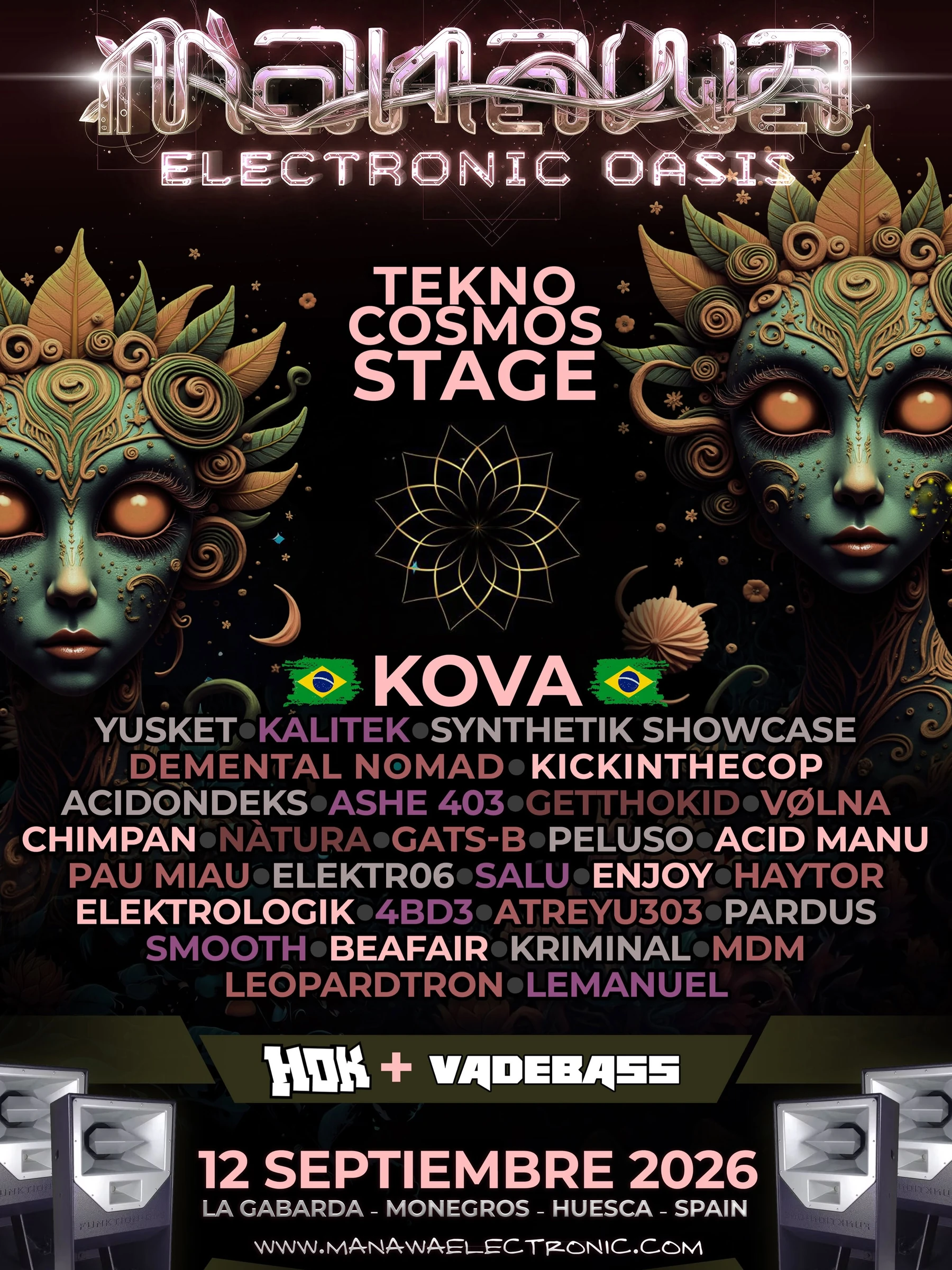 Cartel oficial del line-up de Tekno Kosmos Stage de Manawa Electronic 2026